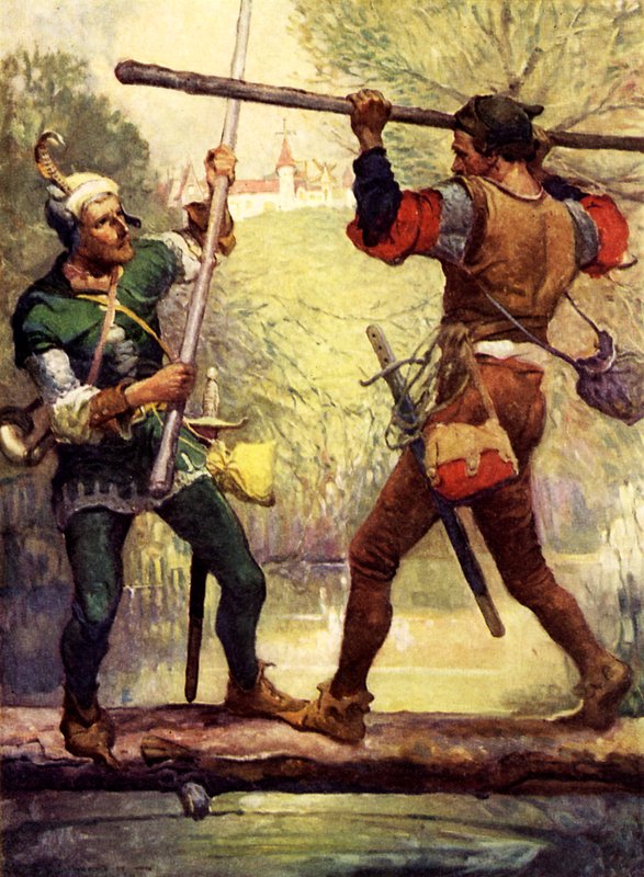 Robin Hood lutando com o pequeno John de Louis John Rhead