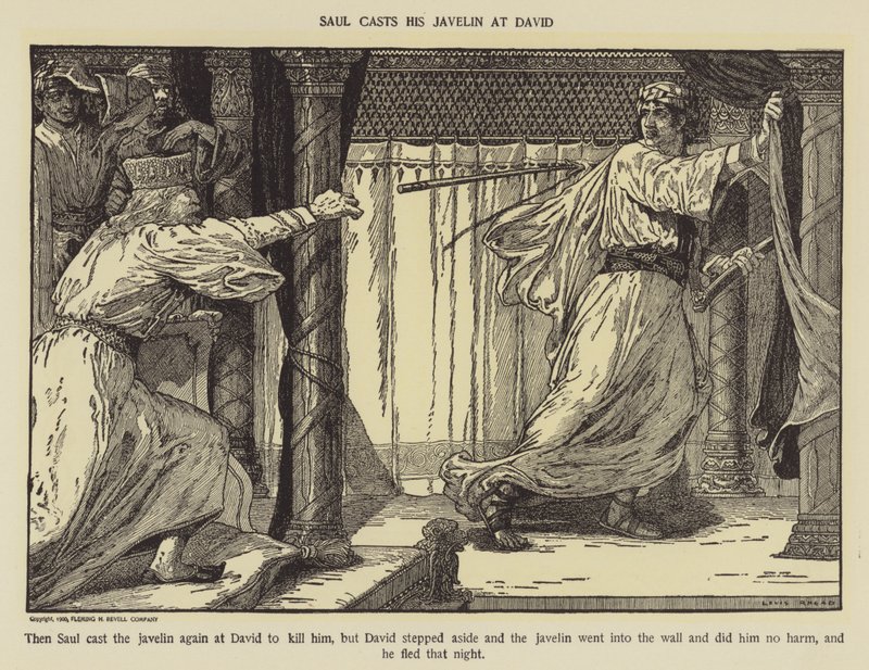 Saul lança seu dardo para Davi de Louis John Rhead