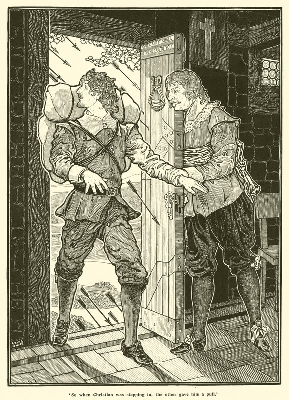 Então, quando Christian estava entrando, o outro lhe deu uma Puxada (gravura) de Louis John Rhead