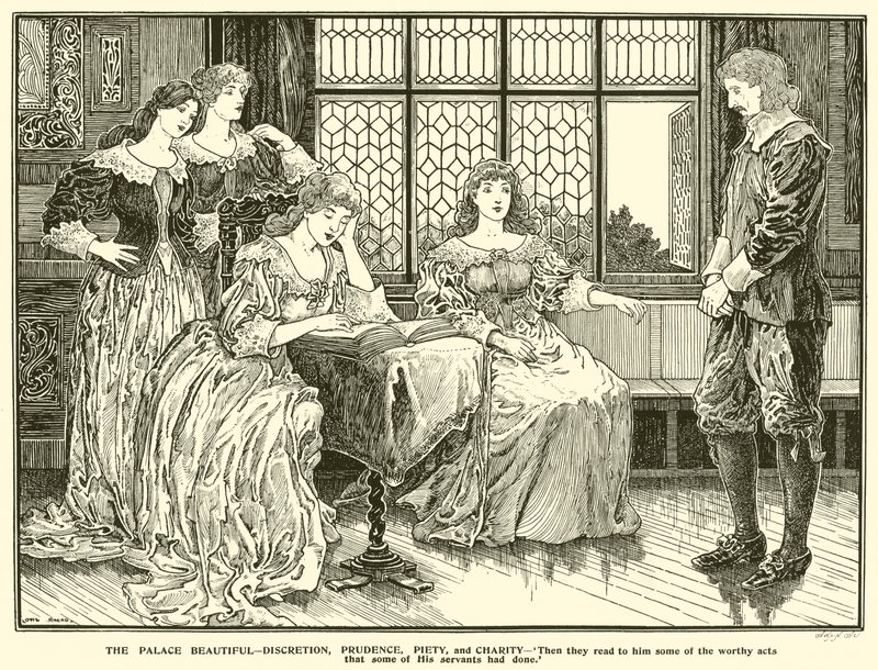 O Palácio Beleza, Discrição, Prudência, Piedade e Caridade (gravura) de Louis John Rhead