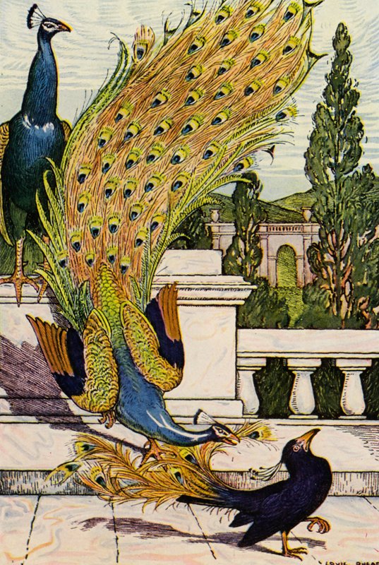 O pavão e a pega (litografia a cores) de Louis John Rhead