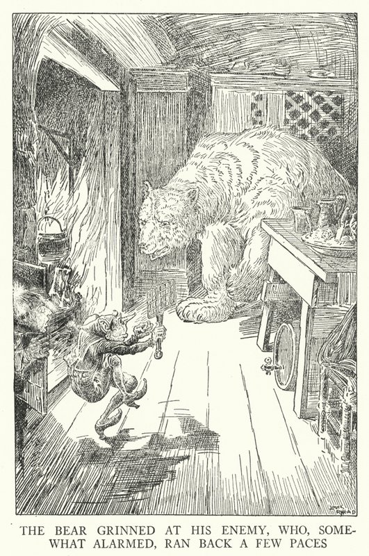 O urso sorriu para o seu inimigo, que, um pouco alarmado, correu alguns passos atrás (litho) de Louis John Rhead