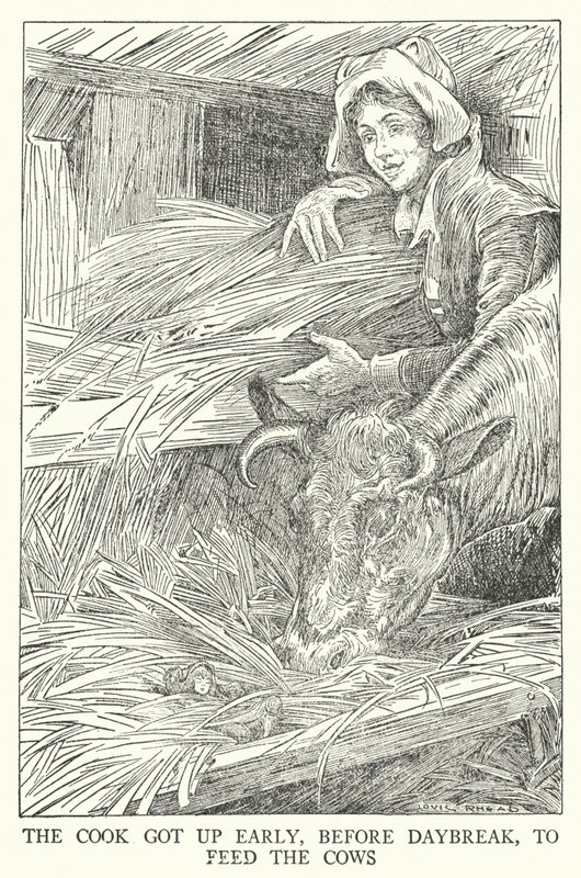 O cozinheiro levantou-se cedo, antes do amanhecer, para alimentar as vacas (litho) de Louis John Rhead