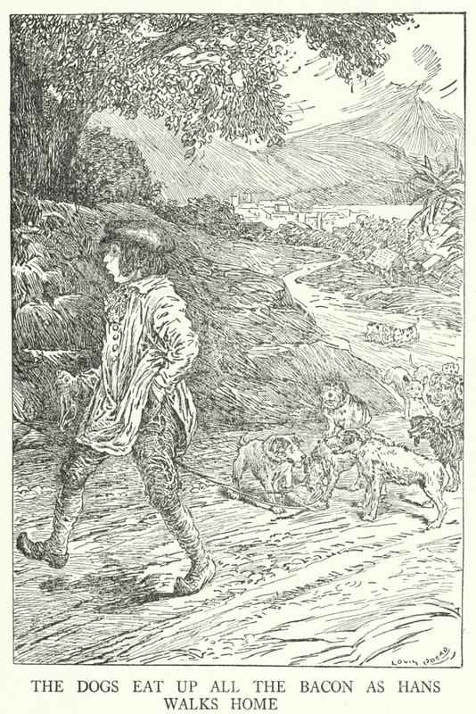 Os cães comem todo o bacon enquanto Hans caminha para casa (litho) de Louis John Rhead