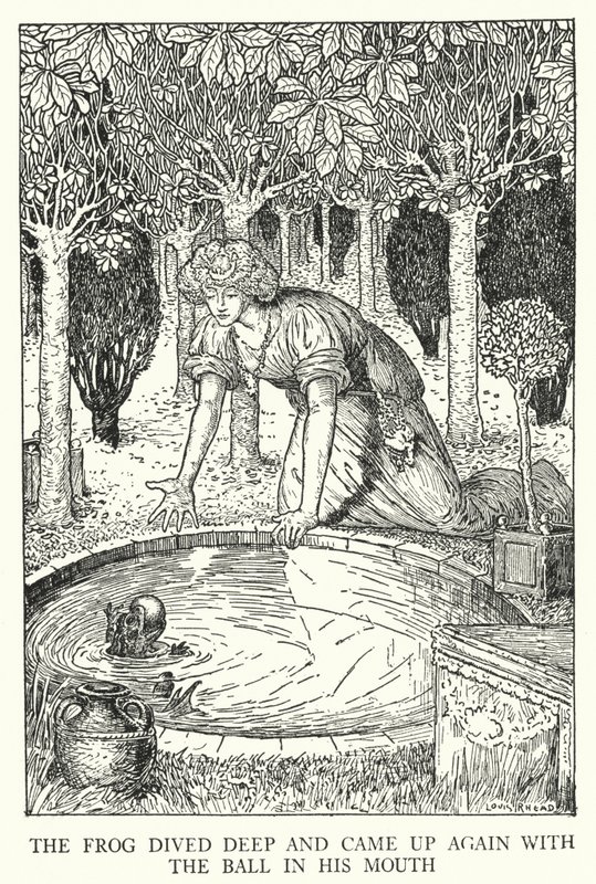 O sapo mergulhou fundo e voltou a subir com a bola na boca (litho) de Louis John Rhead