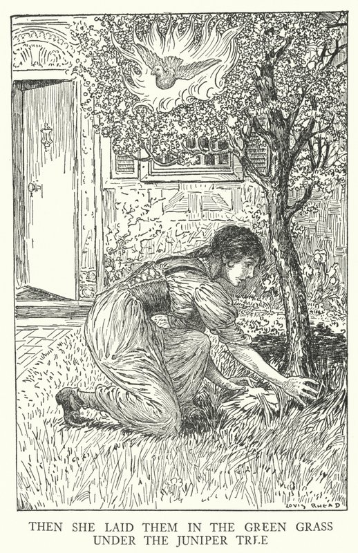 Ela colocou-os na relva verde debaixo do zimbro (litho) de Louis John Rhead