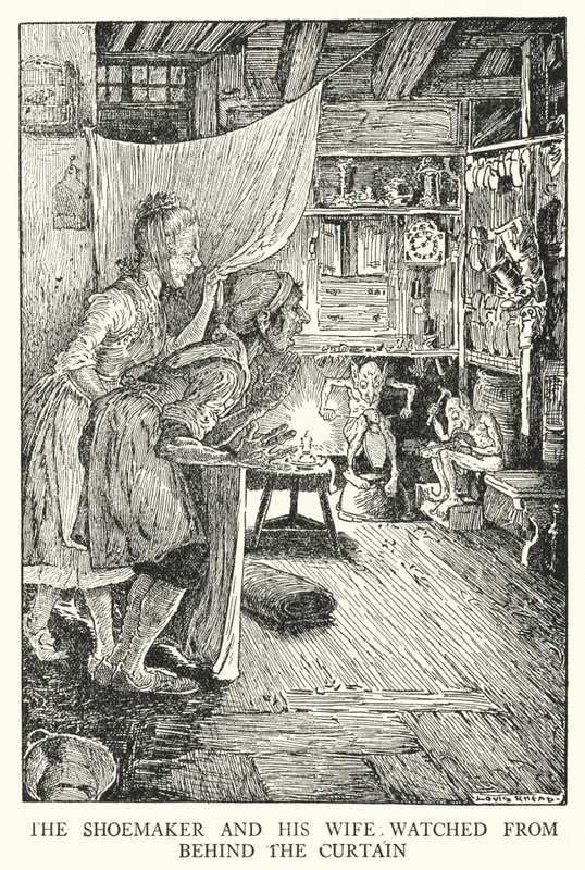 O sapateiro e sua esposa assistiram por trás da cortina (litho) de Louis John Rhead