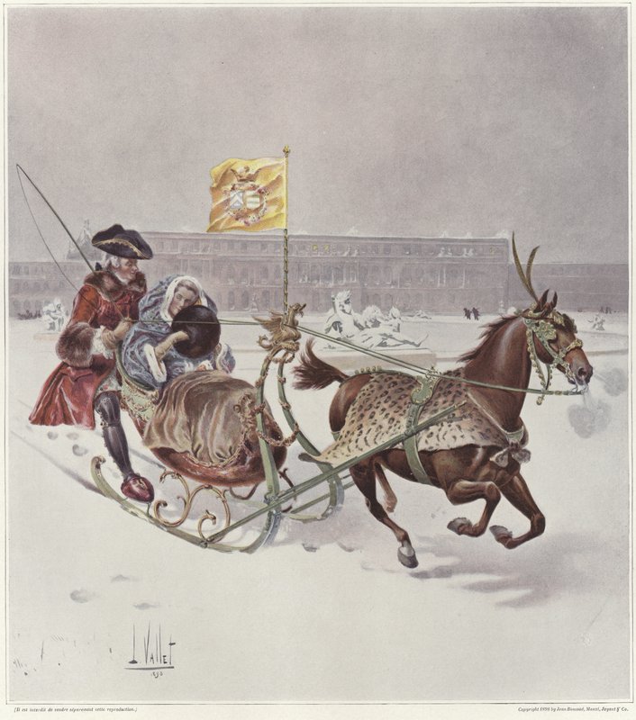 Um, homem, e, um, mulher, montando, um, horse-drawn, sledge de Louis Vallet