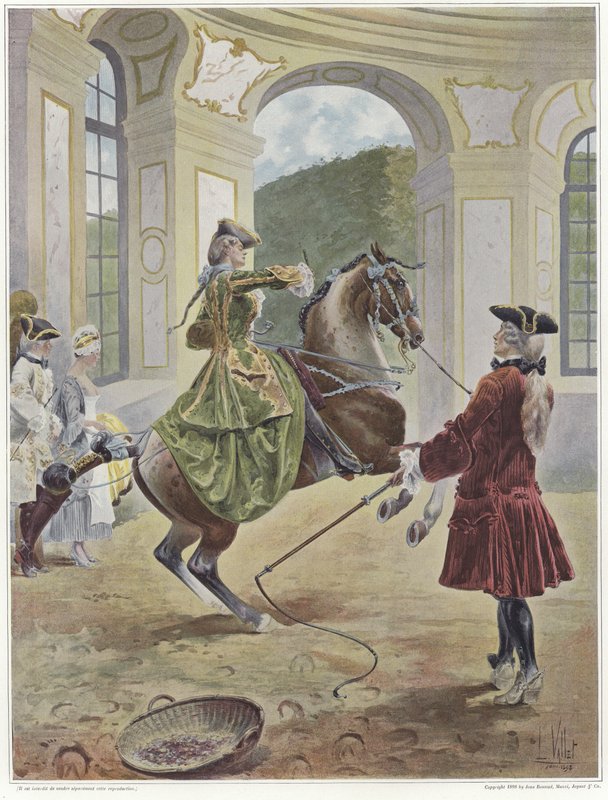 Um, mulher, montando, um, cavalo, que, é, criar, cima, antes de, um, homem, segurando, um, chicote de Louis Vallet