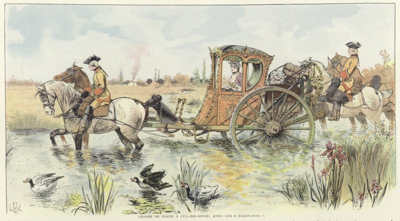 Um, mulher, montando, em, um, carruagem puxada a cavalo, como, aquilo, viagens, através, um, rio de Louis Vallet