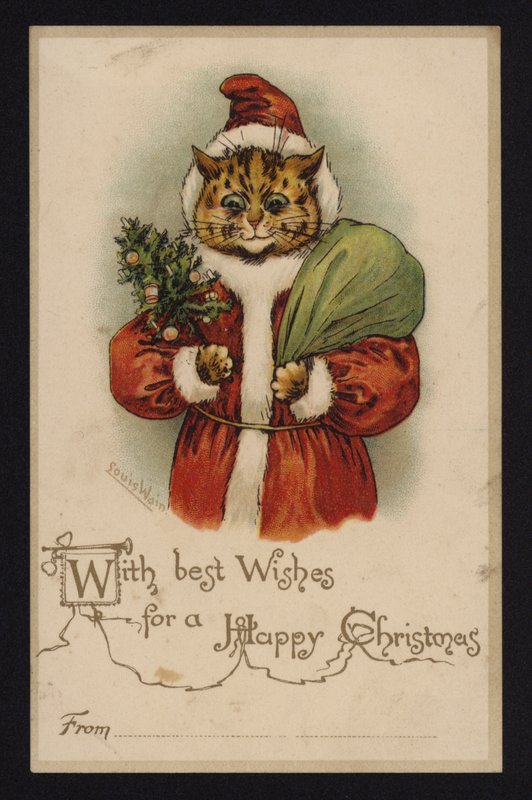 Gato como Papai Noel, cartão de boas festas de Natal (chromolitho) de Louis Wain