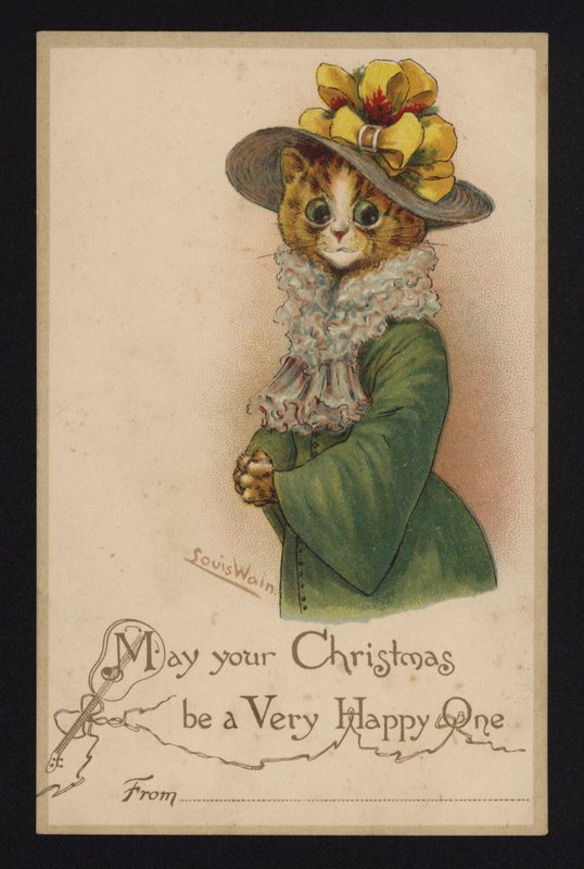 Gato com chapéu e casaco de mulher, cartão de boas festas (chromolitho) de Louis Wain