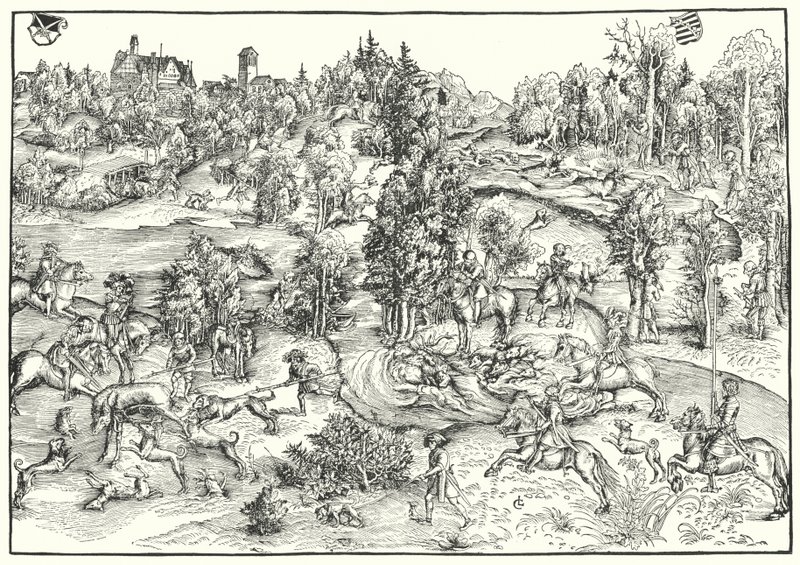 Caça ao veado num parque de veados ou paisagem (gravura) de Lucas the Elder (after) Cranach