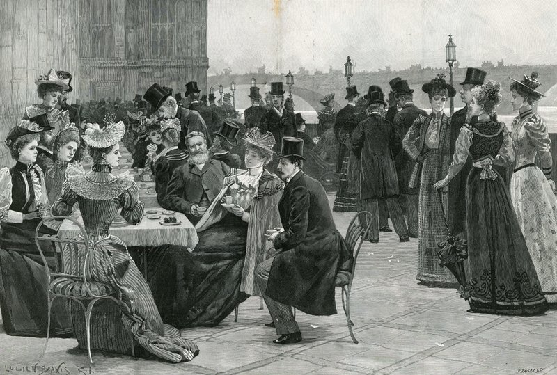 A Câmara dos Comuns: Chá no terraço (litografia) de Lucien Davis