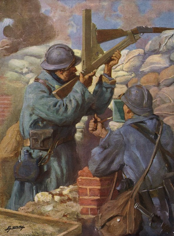 Soldado francês que usa uma espingarda de atirador especialmente adaptada com periscópio nas trincheiras, Primeira Guerra Mundial de Lucien Hector Jonas