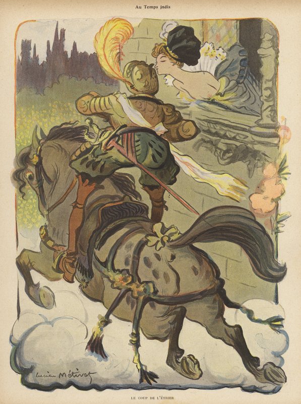 Cavaleiro levantando-se nos estribos para receber um beijo de uma senhora ao passar por ela de Lucien Metivet