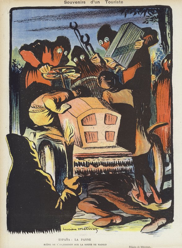 Sátira na corrida de carros de 1903 em Paris-Madrid. Ilustração para Le Rire de Lucien Metivet