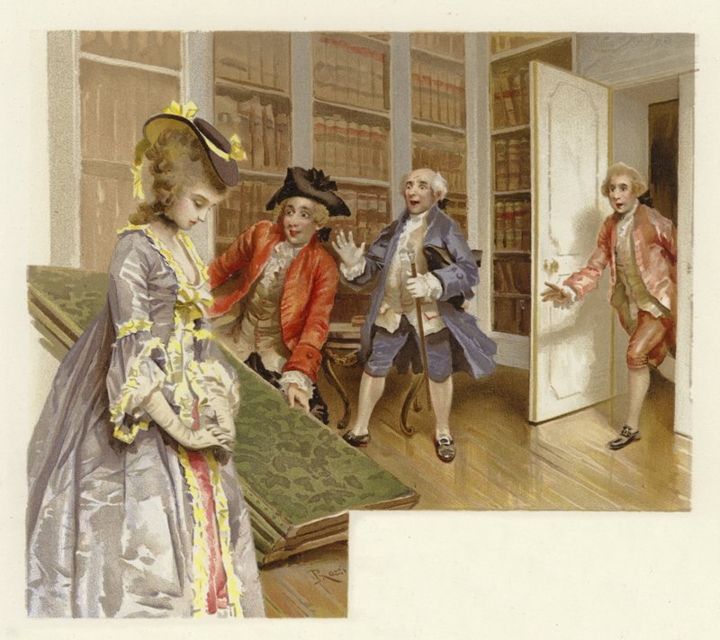 Ilustração para a escola para o escândalo (chromolitho) de Lucius Rossi