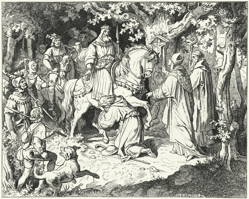 Liudolf, duque da Suábia, implorando o perdão de seu pai, Otto I da Alemanha, por se rebelar contra ele, 954 de Ludwig Adrian Richter