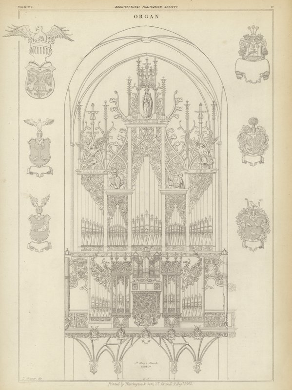 Órgão da Igreja de Santa Maria, Lubeck, Alemanha (gravura) de Ludwig Gruner