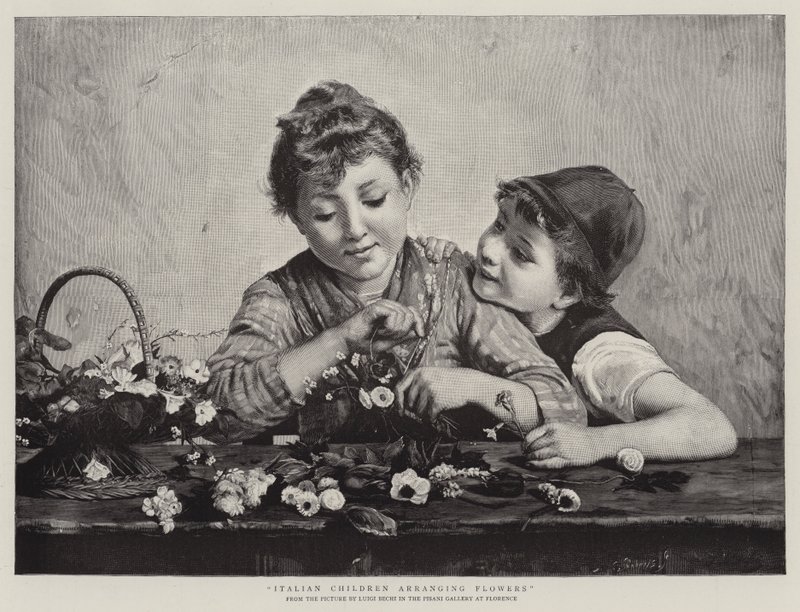 Crianças italianas organizando flores de Luigi Bechi
