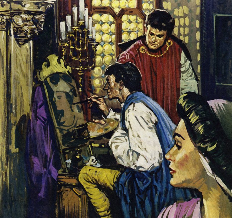 O Conde João tornou-se patrono de Van Eyck em Haia (litografia a cores) de Luis Arcas Brauner