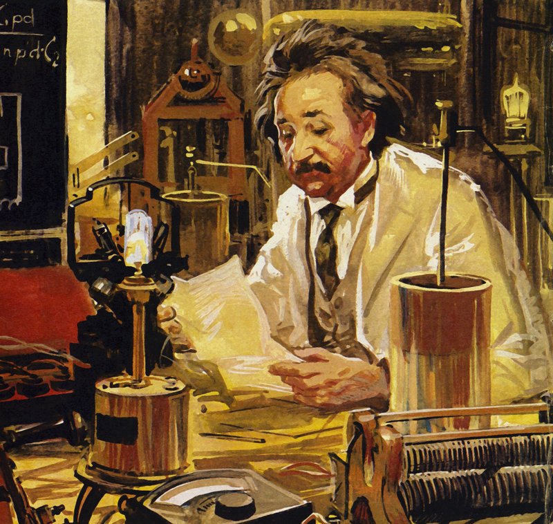 Einstein trabalhou em numerosas universidades e institutos politécnicos (litografia a cores) de Luis Arcas Brauner