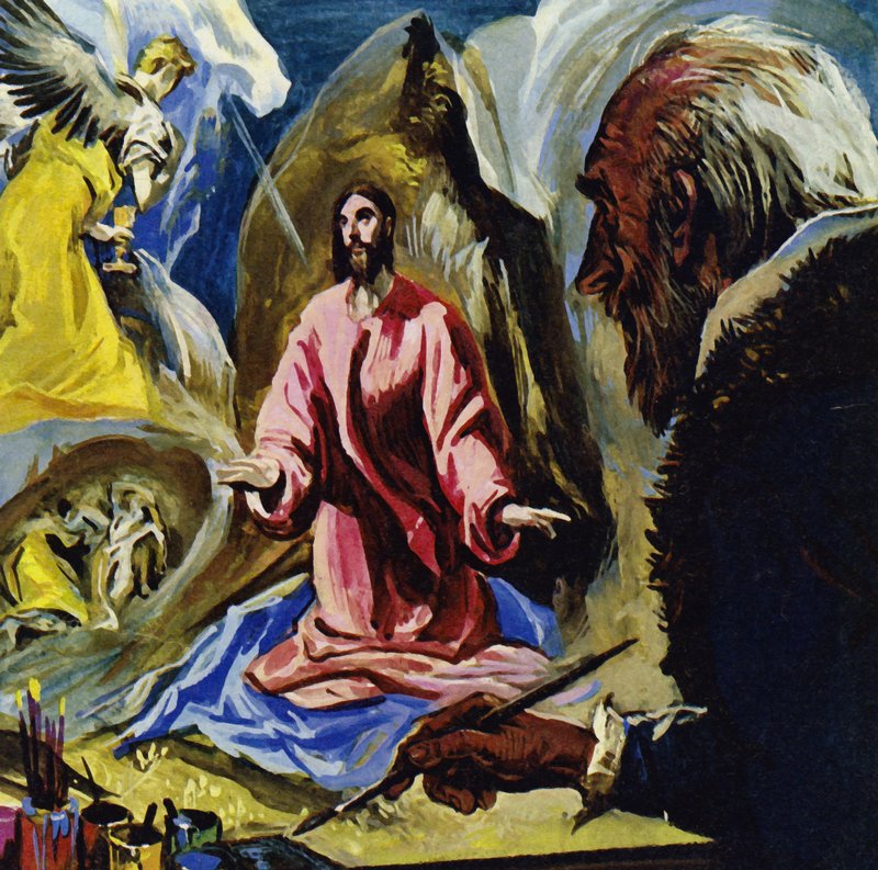 El Greco continuou a pintar temas religiosos até à sua morte, aos 73 anos (litografia a cores) de Luis Arcas Brauner