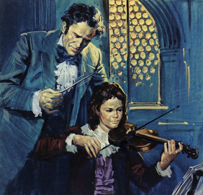 Eugene Delacroix era uma criança frágil que desde cedo mostrou talento para o violino (litografia a cores) de Luis Arcas Brauner