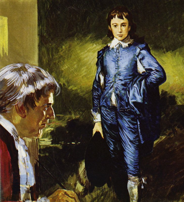 Gainsborough a pintar o seu famoso retrato Blue Boy (litografia a cores) de Luis Arcas Brauner