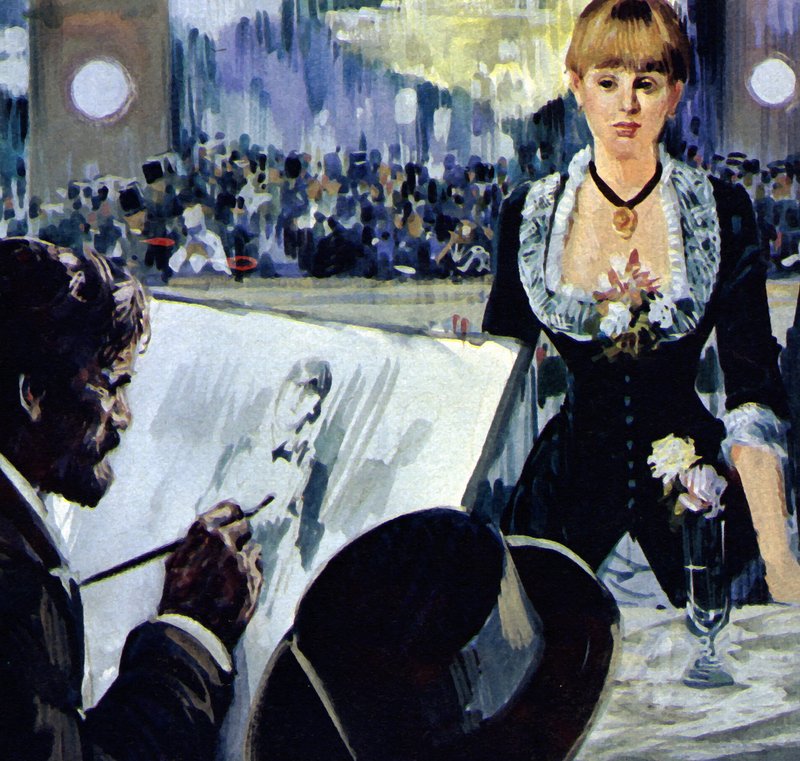 Manet pintando a rapariga atrás do balcão do Folies-Bergere (litografia a cores) de Luis Arcas Brauner