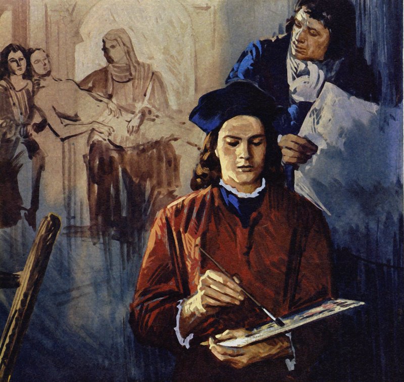 Rafael foi aprendiz do pintor Perugino (litografia a cores) de Luis Arcas Brauner