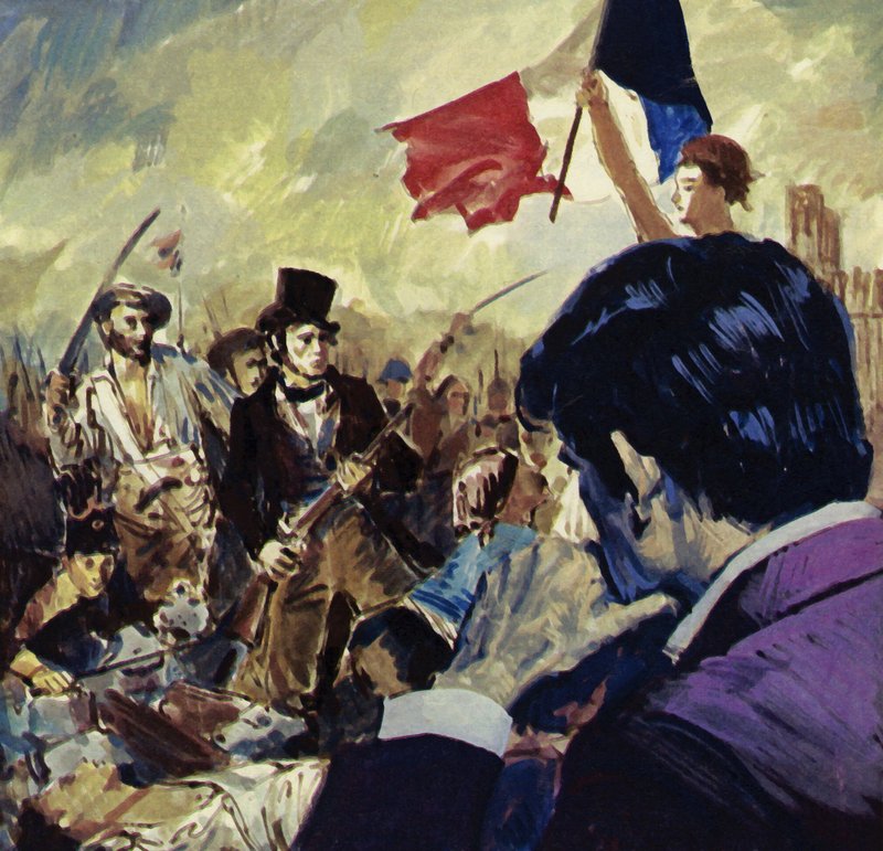 A Revolução Francesa inspirou Eugene Delacroix a pintar A Liberdade guiando o povo francês (litografia a cores) de Luis Arcas Brauner