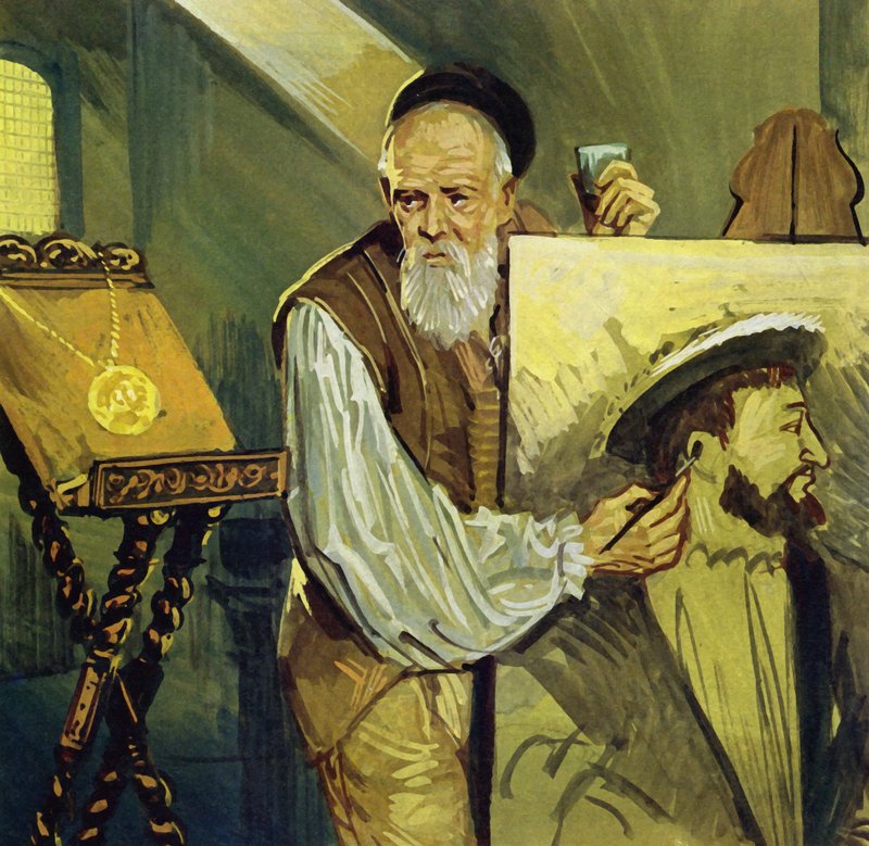 Ticiano pintou um retrato do rei Francisco I de França a partir de uma medalha (litografia a cores) de Luis Arcas Brauner