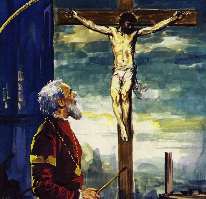 Ticiano pintou muitos quadros para o rei Filipe II de Espanha, incluindo a sua famosa Crucificação (litografia a cores) de Luis Arcas Brauner