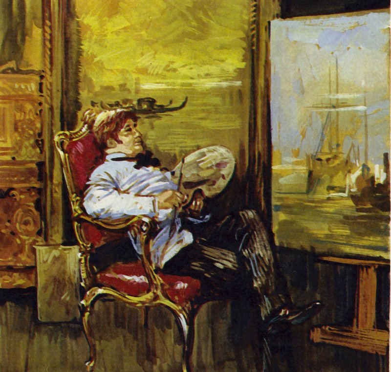 Turner sentado diante de um dos seus quadros (litografia a cores) de Luis Arcas Brauner