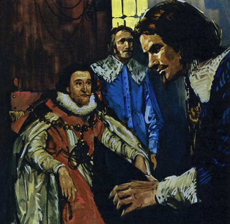 Van Dyck chamou a atenção do conde de Arundel, que o apresentou ao rei Jaime I (litografia a cores) de Luis Arcas Brauner