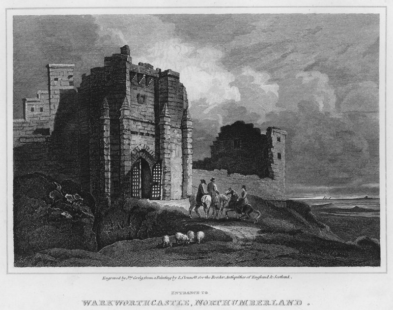 Entrada no Castelo de Warkworth, Northumberland (gravura) de Luke (after) Clennell