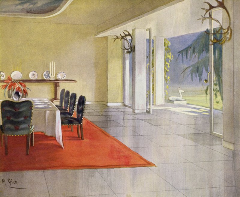 interiores dos anos 30: Sala de jantar em uma casa de campo (cor litho) de M. Stier