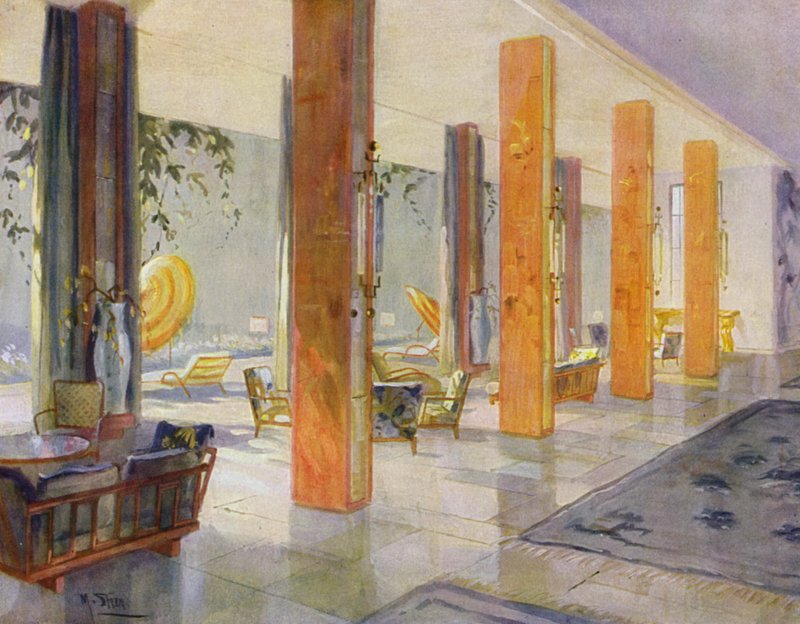 interiores dos anos 30: Salão de jardim de um hotel (cor litho) de M. Stier