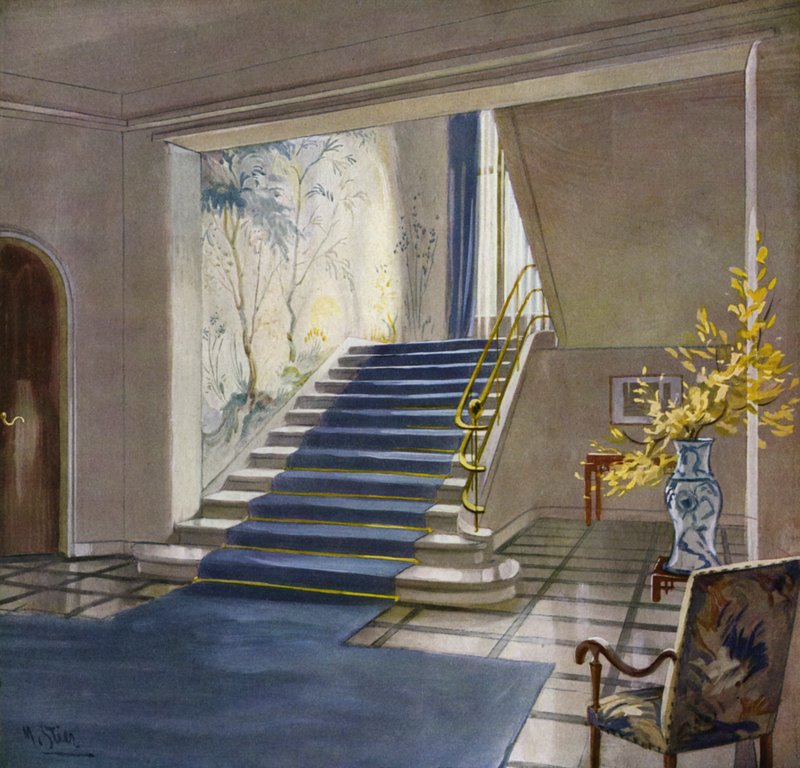 interiores dos anos 30: Escadaria (cor litho) de M. Stier