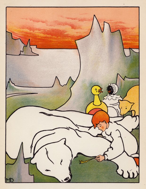 "Penas queimadas debaixo do nariz" (litografia a cores) de Mabel Dearmer