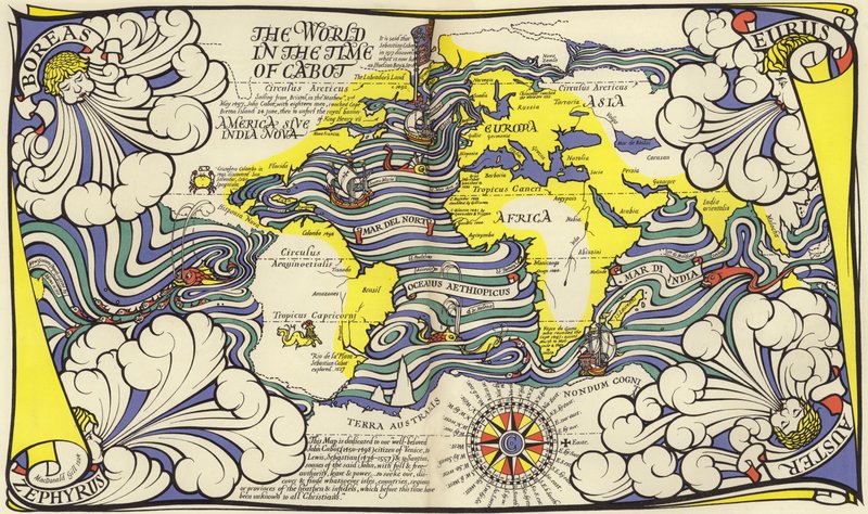 Mapa do Mundo no tempo dos navegadores John e Sebastian Cabot (cor litho) de MacDonald Gill