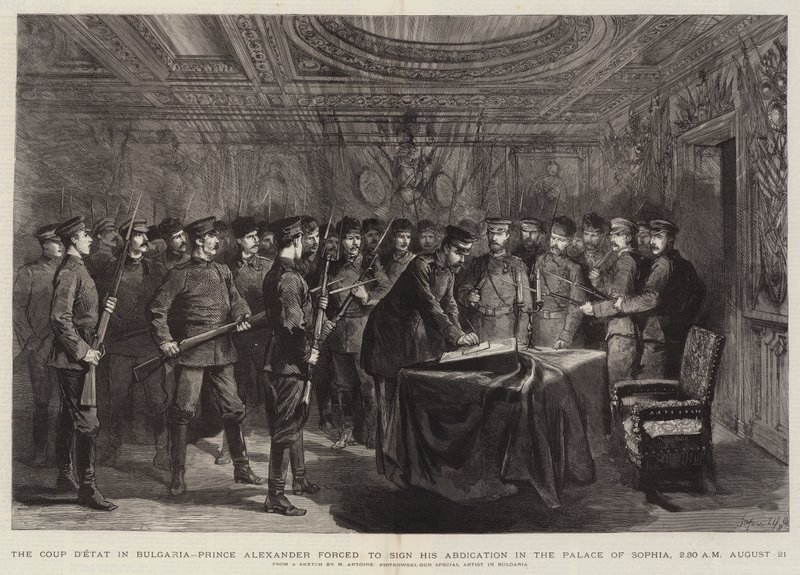 O golpe de estado na Bulgária, o príncipe Alexander forçado a assinar sua abdicação no Palácio de Sophia, 2.30 AM 21 de agosto de Maksymiljan Antoni Piotrowski