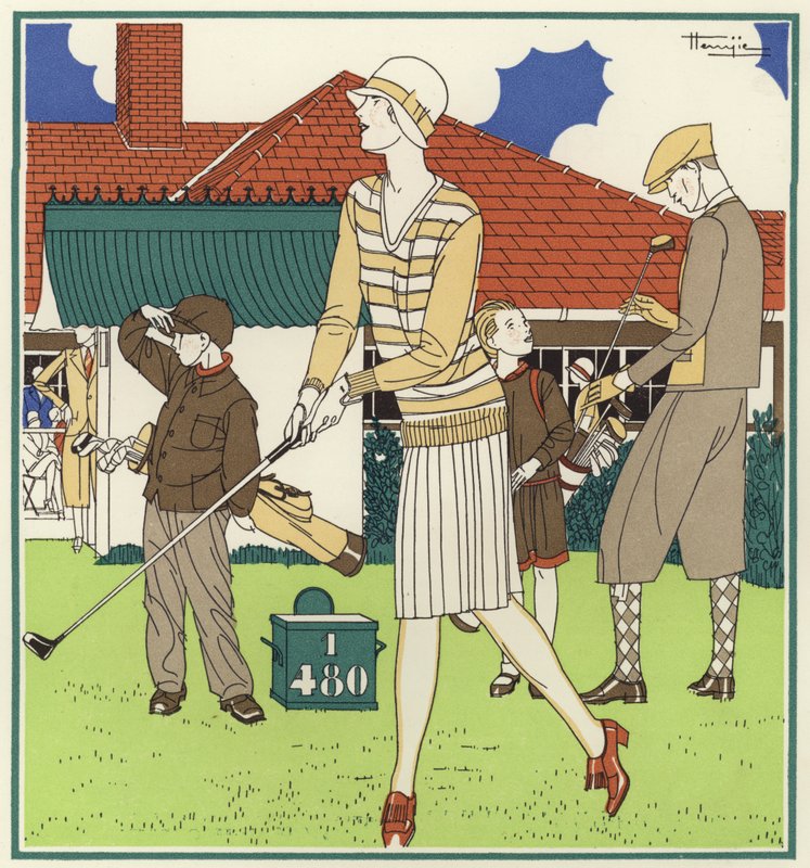 O primeiro tee, em frente ao Club House de Le Touquet (litografia a cores) de Marcel Jacques Hemjik