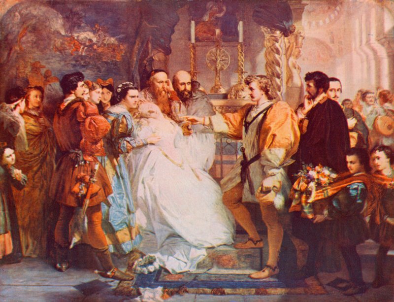 Shakespeare: A Repudiação do Herói, Muito Adopção sobre Nada, Acto IV, Cena 1 (cor litho) de Marcus (after) Stone