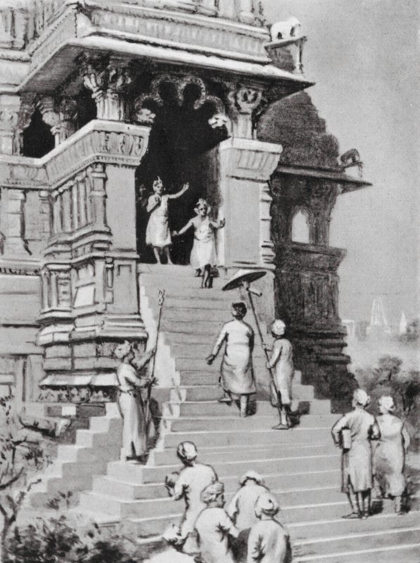 Kirtivarman Chandella visita o seu templo em Khajurahu, 1065 d.C. (litografia) de Margaret (after) Dovaston