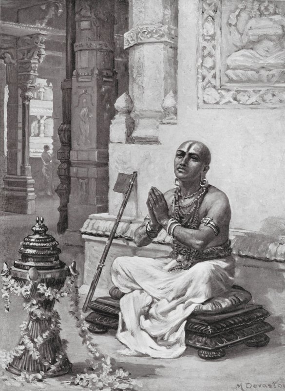 Ramanuja a contemplar a sua Filosofia do Deus Único e Pessoal, 1100 d.C. (litografia) de Margaret (after) Dovaston