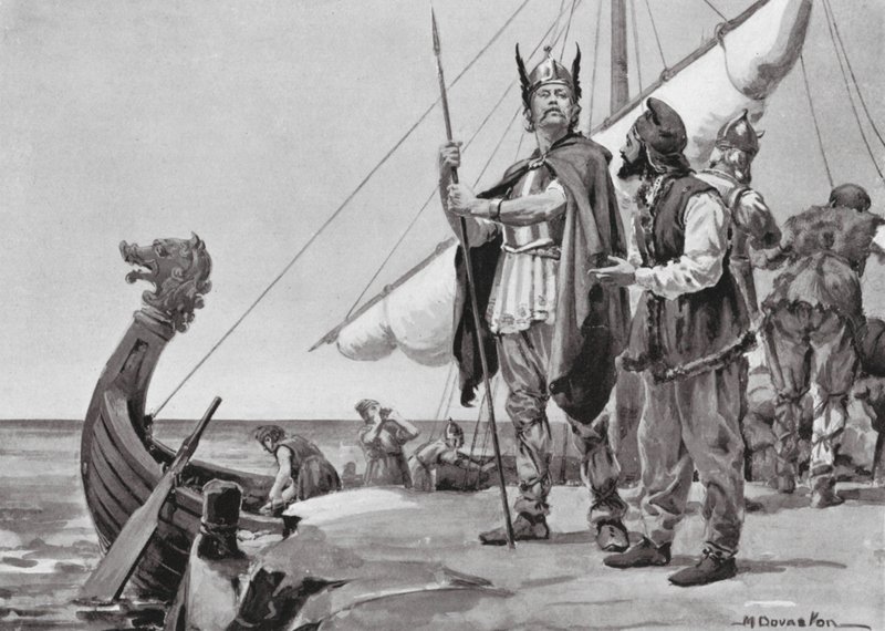 Partida de Rurik para o país dos eslavos, 862 d.C. (litografia) de Margaret (after) Dovaston