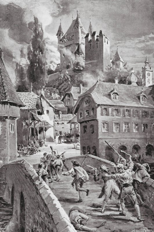 O incêndio do castelo de Wadenschwyl em 1804 (litografia) de Margaret (after) Dovaston